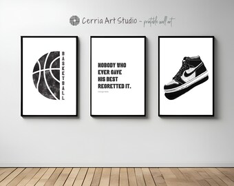 Set of 3 Basketball Print for Boys Men NBA Printable Poster Inspirational Sport Quote Teen Room Decor Black and White Digital Wall Art