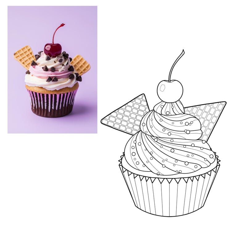 May include: A decorated cupcake with a cherry on top, chocolate chips, and two waffle pieces. The cupcake has pink and white frosting and sits in a purple and white striped liner. The background is a solid light purple.