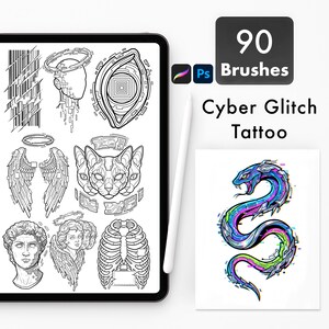 May include: A digital tablet displaying a collection of black and white line art tattoo designs, including a bust, wings, and a cat. Next to the tablet is a stylus and a colorful snake illustration with the text 90 Brushes Cyber Glitch Tattoo.
