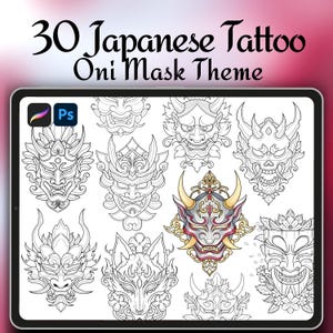Pinceles de tatuajes de máscaras oni japonesas para Procreate: diseños tradicionales, góticos, de terror y folclóricos