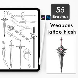 Weapons tattoo brushes for Procreate & Photoshop, neo-traditional gothic sword flash, fantasy cold weapon