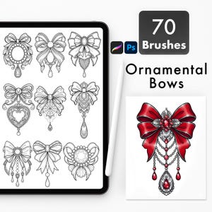 Peut inclure: Ensemble d'art numérique de 70 pinceaux de nœuds ornementaux. L'image montre une tablette affichant des motifs de nœuds en noir et blanc, une illustration de nœud rouge et le texte "Ornamental Bows". L'image comprend également le texte "70 Brushes".
