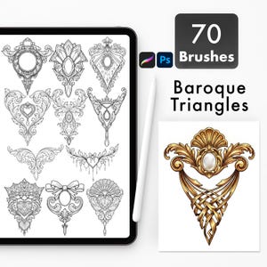 May include: A digital art set displayed on a tablet, featuring 70 brushes with baroque triangle designs. The designs are intricate, black and white line art. A gold and pearl baroque triangle design is also shown.