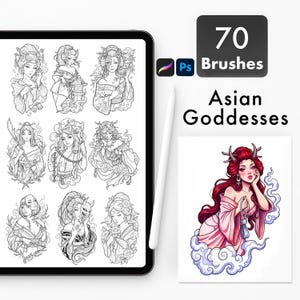 Pode incluir: Conjunto de arte digital com 70 pincéis e ilustrações de deusas asiáticas. A imagem inclui um tablet com desenhos de linha, uma caneta e uma impressão de uma deusa com cabelo e chifres vermelhos, rodeada por nuvens.