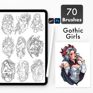 May include: A digital tablet displaying a collection of 70 black and white line art illustrations of gothic girls, accompanied by a stylus and a full-color finished portrait of a vampire-themed character with red accents and text reading 70 Brushes.