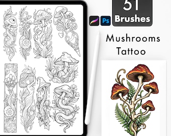Mushroom Tattoo Brushes for Procreate & Photoshop. Botanical Fungi Line Art.