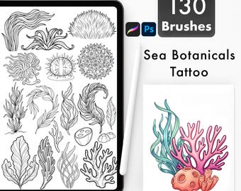 130 Sea Botanicals Tattoo Brushes Procreate & Photoshop | Marine Plants, Coral, Seaweed, Underwater Flash Pack