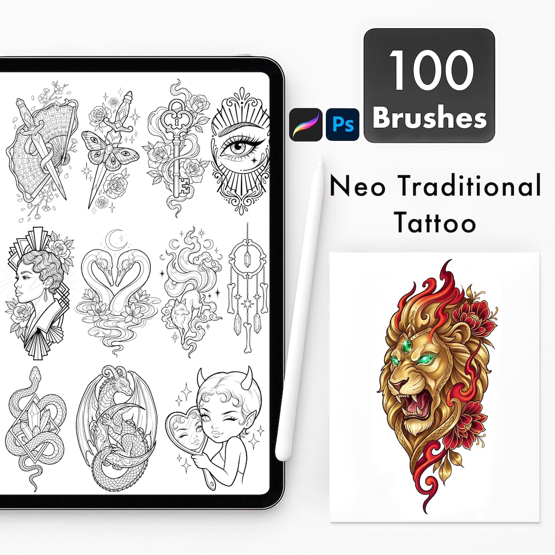 Neo Traditional Tattoo Brushes Procreate Photoshop | Line Art Stencil ...