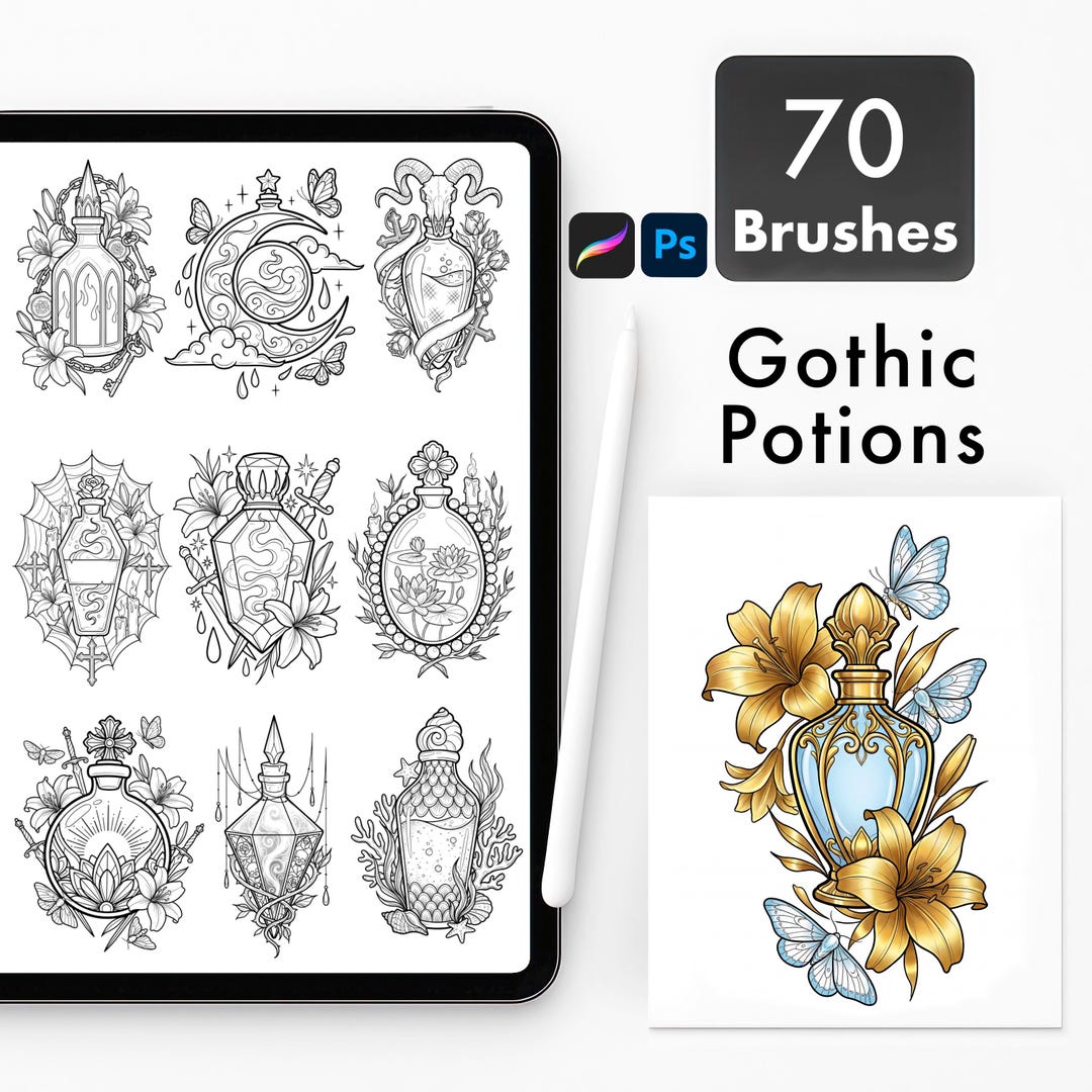 Gothic Potion Tattoo Brushes for Procreate & Photoshop. Witchy Bottle ...