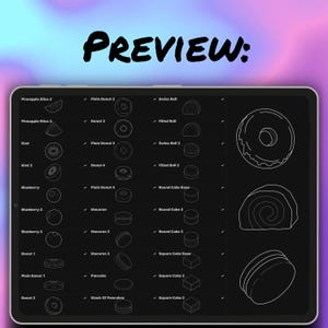 May include: A digital illustration of various baked goods and fruits, including donuts, macarons, kiwi, and blueberries. The image is a preview of the designs, with each item outlined in white against a dark background. The word "PREVIEW:" is at the top.