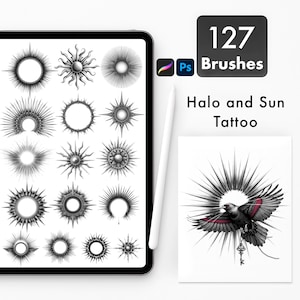Sun und Halo Tattoo Pinsel für Procreate | Heilige Geometrie Schwarz Grau Blitz Set
