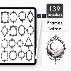 May include: A digital art set displayed on a tablet, featuring 139 brushes for Procreate and Photoshop. The set includes various ornate frame designs, perfect for tattoo art. A sample frame with a crescent moon and clouds is also shown.