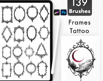 May include: A digital art set displayed on a tablet, featuring 139 brushes for Procreate and Photoshop. The set includes various ornate frame designs, perfect for tattoo art. A sample frame with a crescent moon and clouds is also shown.