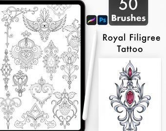 Ornamental Tattoo Gothic brushes for Procreate and Photoshop. Baroque Filigree, Flourishes Flash set