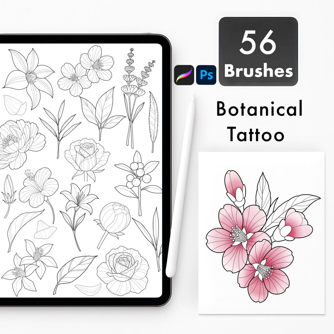 Botanical Tattoo Brushes for Procreate & Photoshop. Floral Line Art ...