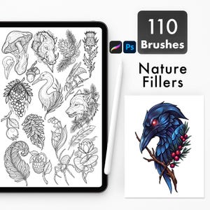 Nature Filler Tattoo Brushes Procreate Photoshop, 110 Botanical Animal Patchwork Stamps Line Art