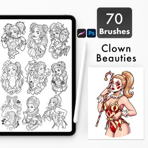 May include: Digital art set featuring 70 brushes for Photoshop, with a theme of "Clown Beauties." The image includes a tablet displaying black and white illustrations of clown-themed characters, and a color illustration of a clown.