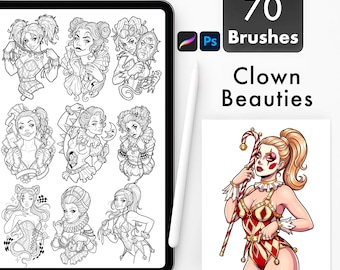May include: Digital art set featuring 70 brushes for Photoshop, with a theme of "Clown Beauties." The image includes a tablet displaying black and white illustrations of clown-themed characters, and a color illustration of a clown.