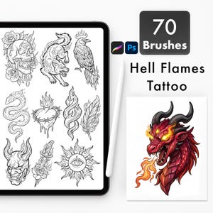 Puede incluir: Diseños de tatuajes de arte digital mostrados en una tableta, que incluyen una calavera, un lobo, un cuervo, una serpiente, un corazón y un sol. La imagen también presenta una ilustración de un dragón rojo y el texto "70 Brushes" y "Hell Flames Tattoo."