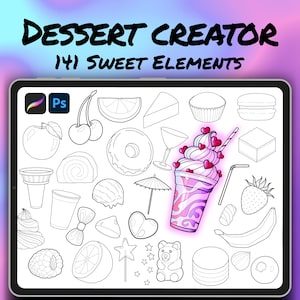 Puede incluir: Ilustración digital titulada "Dessert Creator" con 141 elementos dulces. La imagen presenta varios postres como cupcakes, macarons y un batido con corazones. El diseño se muestra en una tableta con un fondo colorido.