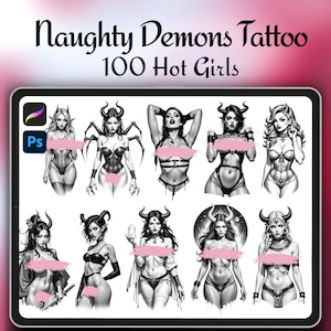 Könnte beinhalten: Digitaler Kunstdruck mit Illustrationen von Frauen mit Dämonenhörnern und -kleidung. Der Text "Naughty Demons Tattoo 100 Hot Girls" ist oben zu sehen. Das Kunstwerk wird auf einem Tablet-Bildschirm präsentiert, mit den Logos von Procreate und Photoshop.
