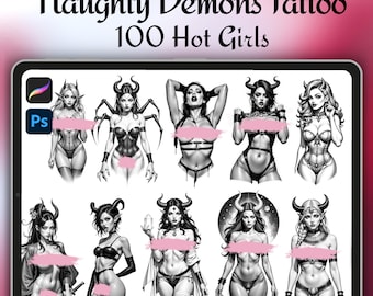 Demon Girls Tattoo Brushes for Procreate & Photoshop | Dark Fantasy Females Flash Set | Gothic Designs