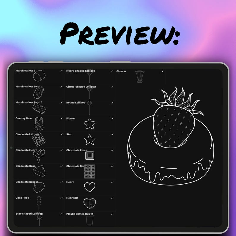 May include: A digital illustration on a tablet screen featuring various food-themed line drawings. The image includes a donut topped with a strawberry, along with other sweets like lollipops, gummy bears, and chocolate pieces. The word "PREVIEW:" is at the top.