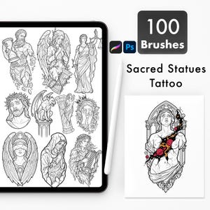 以下が含まれることがあります： Photoshop用の100個のブラシを備えたデジタルアートセット。テーマは聖なる像とタトゥーです。画像には、像、天使、その他の宗教的な人物の白黒イラストが表示されたタブレットが含まれています。別のプリントには、赤と黒のデザインの像が表示されています。