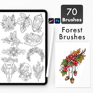 Forest Tattoo, Nature Brushes for Procreate & Photoshop |  Woodland Stamp Pack. Botanical Stencils
