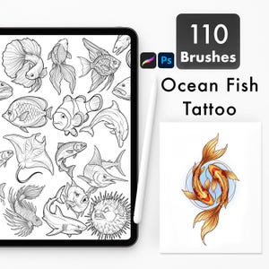 110 tatueringspenslar för havsfisk Procreate & Photoshop | Flash-stencilpaket för marint liv