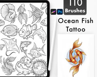 110 Ocean Fish Tattoo Brushes Procreate & Photoshop | Marine Life Flash Stencil Pack