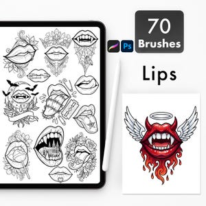 May include: A digital tablet displaying a collection of 70 black and white line art lip illustrations, including vampire fangs, floral accents, and gothic motifs. A white stylus rests beside the screen, and a red winged lip graphic is shown separately.