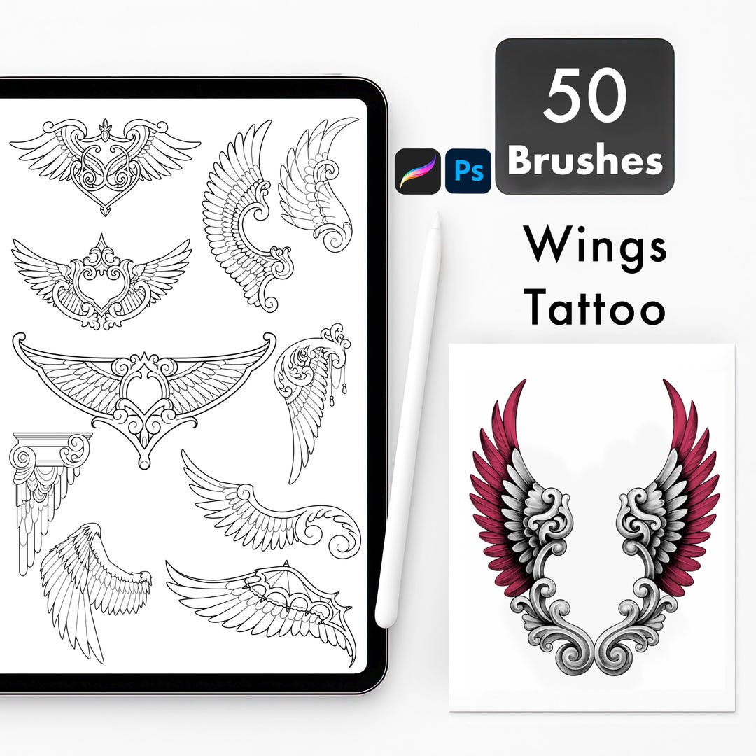 Ornamental Wings Tattoo Stamps Brush Set: Procreate & Photoshop ...