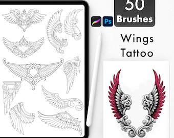 Wing Tattoo Stamp Brush Set for Procreate & Photoshop, Angelic Gothic Wings Design Brushes