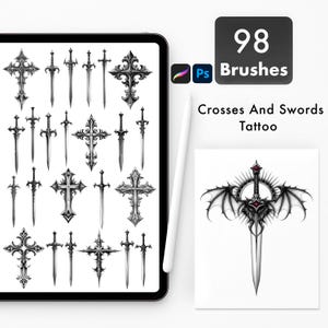 May include: Digital art set with 98 brushes for Procreate and Photoshop. The image shows cross and sword designs, with the text "Crosses And Swords Tattoo". A digital tablet and stylus are also visible.