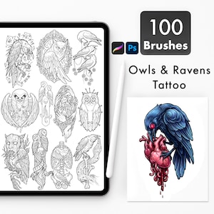 May include: Digital art set of 100 brushes for Procreate and Photoshop, featuring owl and raven tattoo designs. The designs are in black and white, with a color illustration of a raven with a red eye and a heart.
