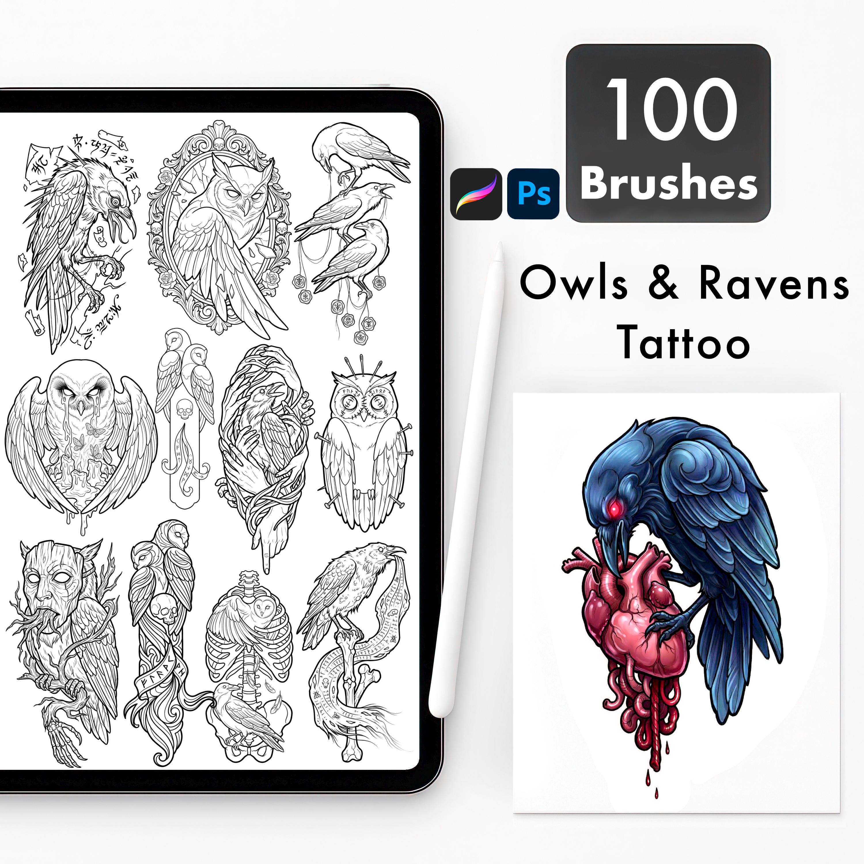 Owl and Raven Gothic Tattoo Brushes for Procreate & Photoshop | Fantasy Birds Horror Stamp Set