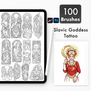 Op de afbeelding: Een digitale kunstset met 100 penselen voor Photoshop, met als thema Slavische Godin-tatoeages. De afbeelding toont een tablet met tattoo-ontwerpen en een voorbeeldillustratie van een godin die een halve maan vasthoudt.