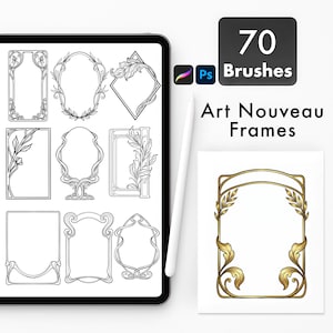 May include: A digital art display shows a collection of Art Nouveau frames in black and white, with one frame in gold. The text reads "70 Brushes" and "Art Nouveau Frames". A stylus is next to the display.