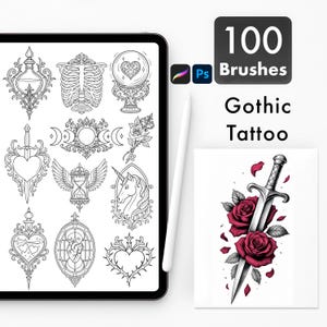 Könnte beinhalten: Ein digitales Kunstset mit 100 Gothic-Tattoo-Pinseln. Das Bild zeigt ein Tablet mit Tattoo-Designs, einen Stift und einen Druck einer Dolch mit Rosen. Der Text lautet "100 Brushes" und "Gothic Tattoo".