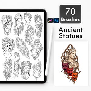 Pinceles de tatuajes de estatuas antiguas para Procreate y Photoshop. Sellos de esculturas góticas griegas.