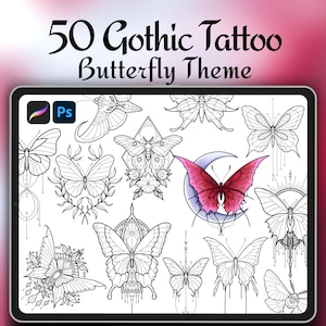Peut inclure: Une illustration numérique de 50 motifs de tatouage de papillon gothique. Les motifs sont en noir et blanc, à l'exception d'un papillon qui est rouge. Les motifs sont complexes et détaillés, et ils feraient de superbes tatouages pour tous ceux qui aiment les papillons et l'art gothique.