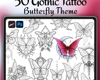 Op de afbeelding: Digitale kunst met 50 Gothic tattoo-ontwerpen met een vlinderthema. De ontwerpen zijn in zwart-wit, met één vlinder in roze tinten. De tekst "50 Gothic Tattoo Butterfly Theme" staat bovenaan.