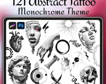 May include: A digital tablet screen displaying 121 Abstract Tattoo Monochrome Theme with various black and white illustrations including a human heart, a classical statue face, a hand, a skull, a column, and geometric shapes.