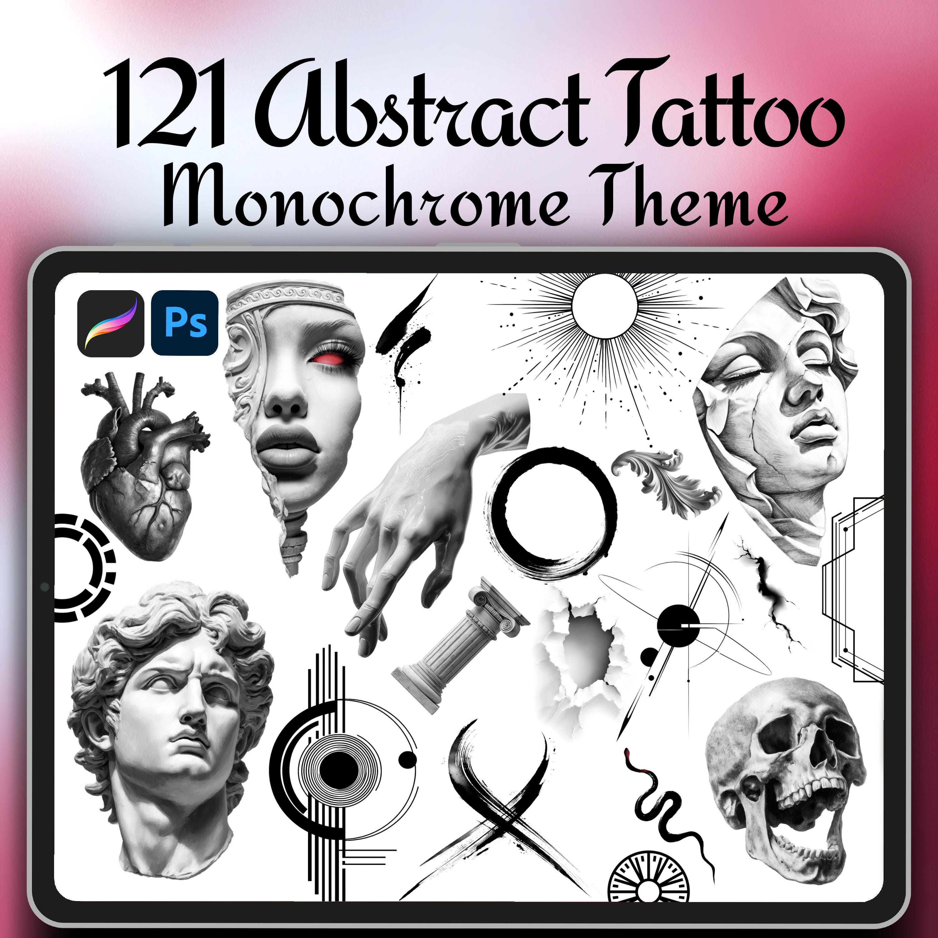 Sellos de tatuaje de Microrealismo abstracto para Procreate y Photoshop – Plantillas de estatuas clásicas, marcos geométricos, kit flash moderno