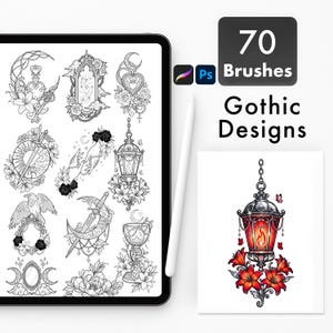 May include: Digital art brushes for Photoshop, featuring 70 Gothic Designs. The image shows a tablet displaying various black and white illustrations of gothic-themed elements, including lanterns, moons, and floral arrangements. A separate image shows a red and black lantern.
