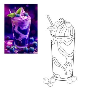 May include: A vibrant image of a blueberry smoothie in a clear glass. The drink has a swirl of purple and white, topped with whipped cream, fresh blueberries, and mint leaves. Scattered blueberries surround the glass.
