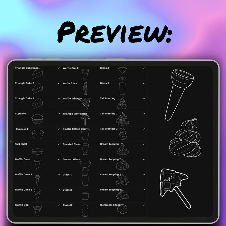 May include: A digital illustration on a tablet screen featuring various dessert elements, including cake slices, cupcakes, waffle cones, and frosting. The word "PREVIEW:" is displayed at the top. The image is in black and white.