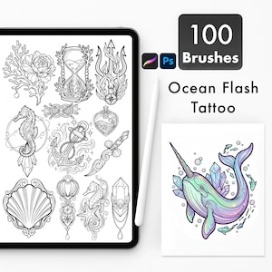 Ocean Tattoo Brushes for Procreate Photoshop, Nautical Stamp Pack, Sea Life Line Art