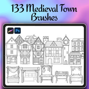 May include: Digital art brushes for Photoshop featuring 133 medieval town elements. The image shows a tablet displaying detailed line drawings of medieval buildings, market stalls, and a clock tower. The background has a gradient of purple and blue.
